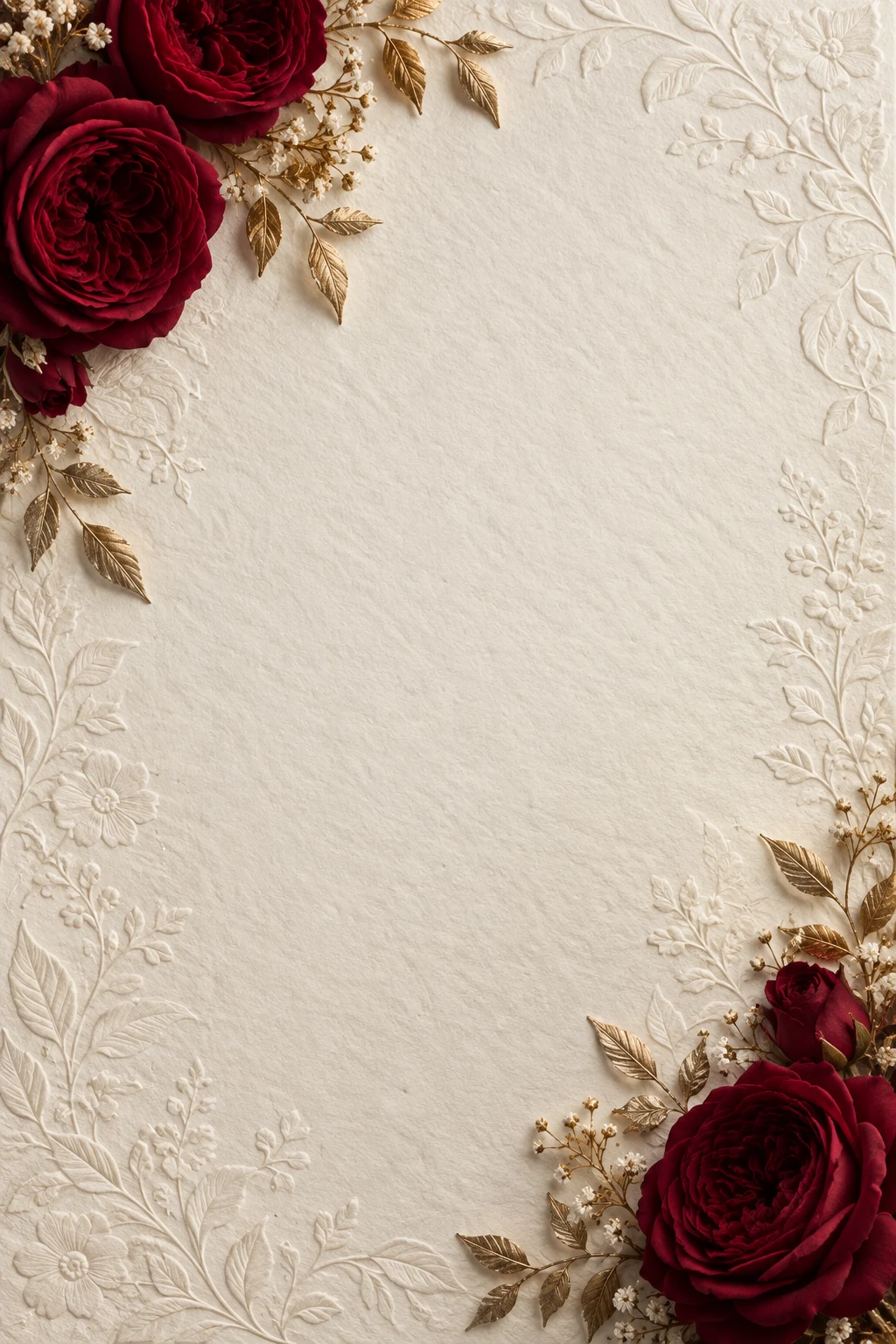 Burgundy roses framing embossed ivory invitation paper